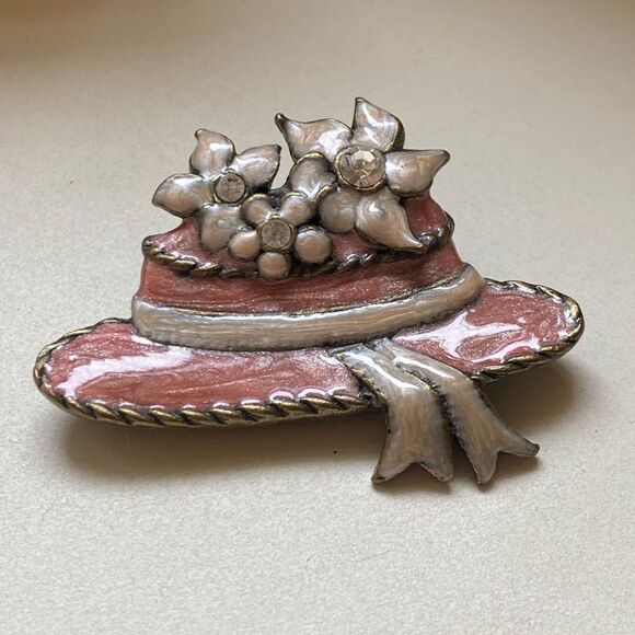 Vintage Retro Pink Hat with Flowers Brooch Pin - Picture 2 of 7